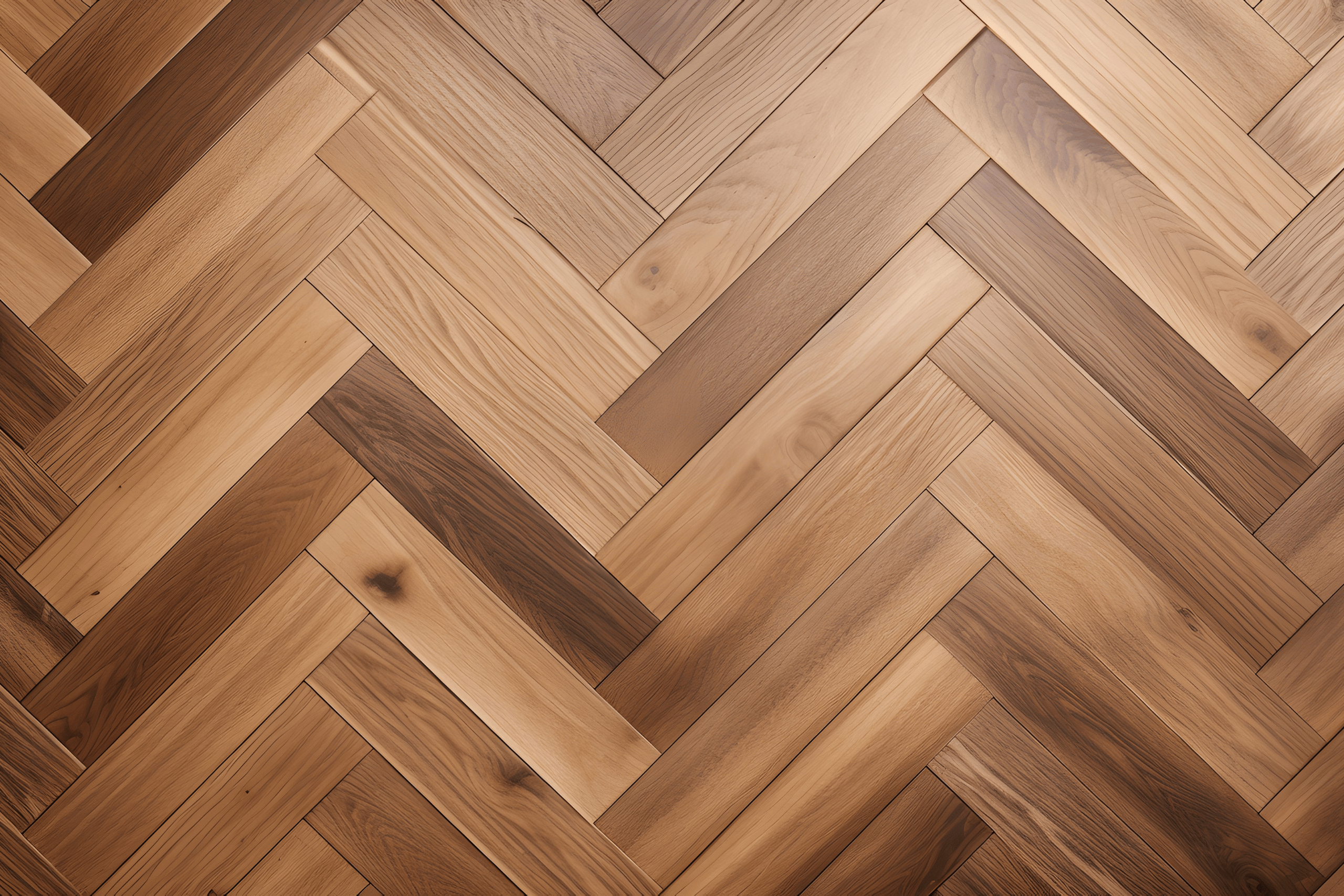 Fiskbensparkett i ljust ekträ, lagt i vardagsrum – klassiskt mönster och modern inredning